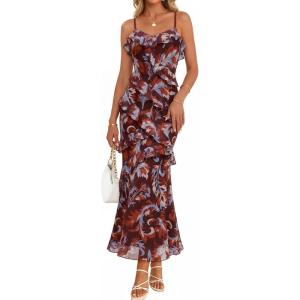 MEROKEETY Spring Wedding Guest Dress for Women 2026 Summer Floral Cocktail Party Beach Vacation Ruffle Bodycon Maxi Dresses(Brown)