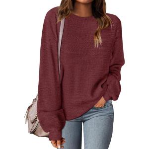MEROKEETY Sweaters for Women Fall Winter 2026 Oversized Pullover Spring Crew Neck Long Sleeve Heathered Knit Tops(Burgundy)
