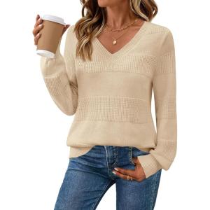 MEROKEETY Women’s 2025 Fall Long Sleeve Sweaters Tops Casual Crochet V Neck Loose Pullover Knit Shirts(Apricot)