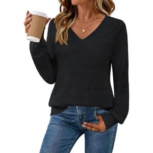 MEROKEETY Women’s 2025 Fall Long Sleeve Sweaters Tops Casual Crochet V Neck Loose Pullover Knit Shirts(Black)
