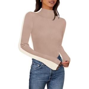MEROKEETY Women’s 2025 Fall Mock Neck Lightweight Pullover Sweater Fitted Ribbed Long Sleeve Color Block Knit Tee Shirt Tops(Khaki)