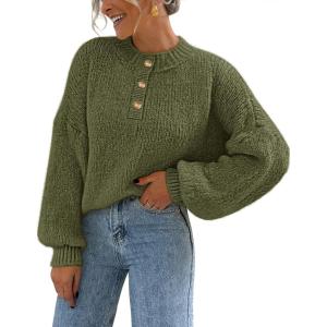 MEROKEETY Women’s 2025 Fall Oversized Sweaters Chunky Long Lantern Sleeve Buttoned Mock Neck Winter Knit Loose Pullover Tops(Armygreen)