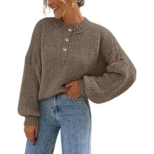 MEROKEETY Women’s 2025 Fall Oversized Sweaters Chunky Long Lantern Sleeve Buttoned Mock Neck Winter Knit Loose Pullover Tops(Camel)
