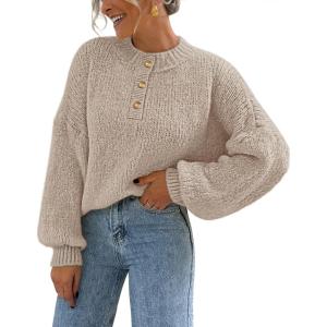 MEROKEETY Women’s 2025 Fall Oversized Sweaters Chunky Long Lantern Sleeve Buttoned Mock Neck Winter Knit Loose Pullover Tops(Lightkhaki)