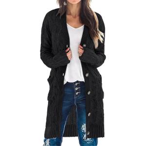 MEROKEETY Women’s 2025 Long Sleeve Cardigan Sweater Fall Winter Cable Knit Open Front Button Long Outerwear(Black)
