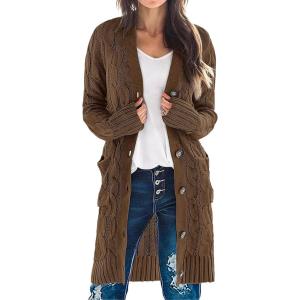 MEROKEETY Women’s 2025 Long Sleeve Cardigan Sweater Fall Winter Cable Knit Open Front Button Long Outerwear(Coffee)