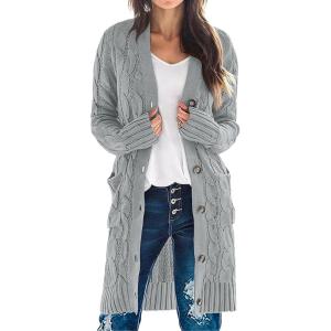 MEROKEETY Women’s 2025 Long Sleeve Cardigan Sweater Fall Winter Cable Knit Open Front Button Long Outerwear(Grey)
