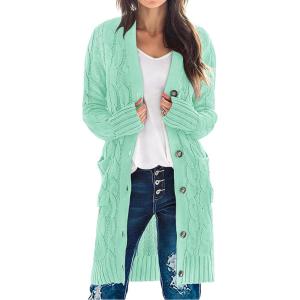 MEROKEETY Women’s 2025 Long Sleeve Cardigan Sweater Fall Winter Cable Knit Open Front Button Long Outerwear(Mint)