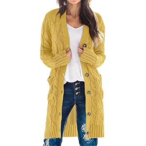 MEROKEETY Women’s 2025 Long Sleeve Cardigan Sweater Fall Winter Cable Knit Open Front Button Long Outerwear(Mustard)