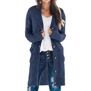 MEROKEETY Women’s 2025 Long Sleeve Cardigan Sweater Fall Winter Cable Knit Open Front Button Long Outerwear(Navy)