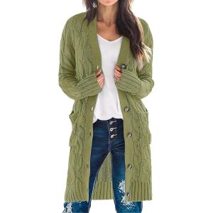 MEROKEETY Women’s 2025 Long Sleeve Cardigan Sweater Fall Winter Cable Knit Open Front Button Long Outerwear(Olive)