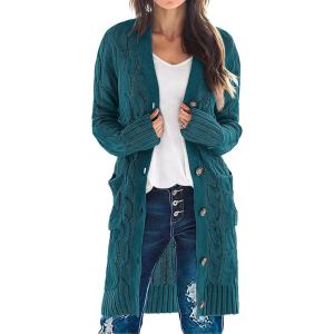 MEROKEETY Women’s 2025 Long Sleeve Cardigan Sweater Fall Winter Cable Knit Open Front Button Long Outerwear(Teal)