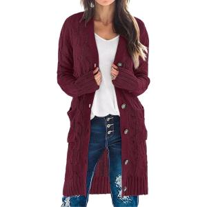 MEROKEETY Women’s 2025 Long Sleeve Cardigan Sweater Fall Winter Cable Knit Open Front Button Long Outerwear(Wine)