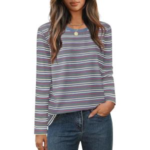 MEROKEETY Women’s 2025 Long Sleeve Top Blouse Fall Casual Trendy Colourful Striped Crewneck Loose Shirts(Dustyblue)
