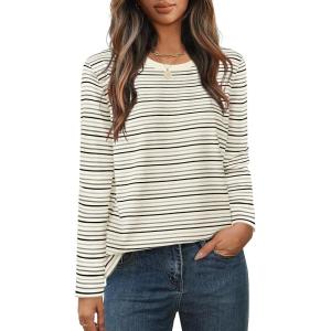 MEROKEETY Women’s 2025 Long Sleeve Top Blouse Fall Casual Trendy Colourful Striped Crewneck Loose Shirts(Grey)