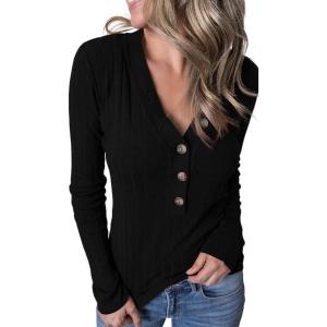 MEROKEETY Women’s 2025 Long Sleeve V Neck Ribbed Button Knit Sweater Solid Color Tops(Black)