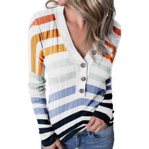 MEROKEETY Women’s 2025 Long Sleeve V Neck Ribbed Button Knit Sweater Solid Color Tops(B-stripe Navy)