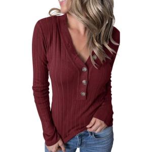MEROKEETY Women’s 2025 Long Sleeve V Neck Ribbed Button Knit Sweater Solid Color Tops(Wine)