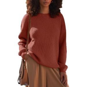 MEROKEETY Women’s 2025 Long Sleeve Waffle Knit Pullover Sweater Crew Neck Solid Color Jumper Tops(Brown)