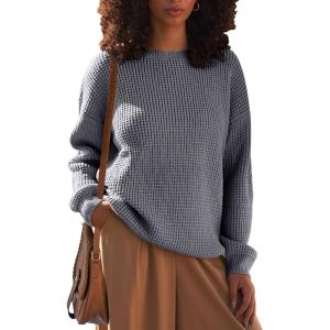 MEROKEETY Women’s 2025 Long Sleeve Waffle Knit Pullover Sweater Crew Neck Solid Color Jumper Tops(Grey)