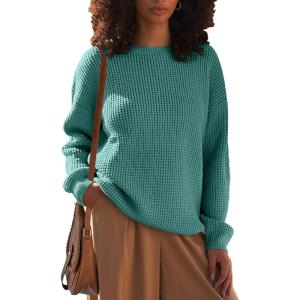 MEROKEETY Women’s 2025 Long Sleeve Waffle Knit Pullover Sweater Crew Neck Solid Color Jumper Tops(Lake Green)