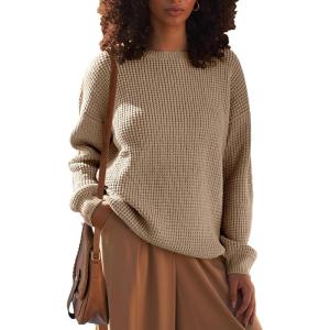MEROKEETY Women’s 2025 Long Sleeve Waffle Knit Pullover Sweater Crew Neck Solid Color Jumper Tops(Light Khaki)