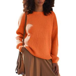 MEROKEETY Women’s 2025 Long Sleeve Waffle Knit Pullover Sweater Crew Neck Solid Color Jumper Tops(Orange)