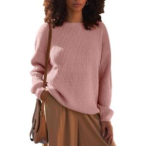 MEROKEETY Women’s 2025 Long Sleeve Waffle Knit Pullover Sweater Crew Neck Solid Color Jumper Tops(Pink)
