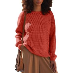 MEROKEETY Women’s 2025 Long Sleeve Waffle Knit Pullover Sweater Crew Neck Solid Color Jumper Tops(Rust)
