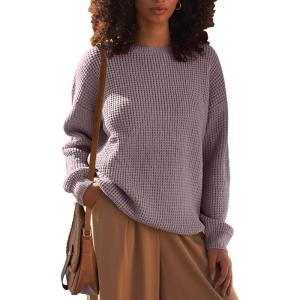 MEROKEETY Women’s 2025 Long Sleeve Waffle Knit Pullover Sweater Crew Neck Solid Color Jumper Tops(Taro)