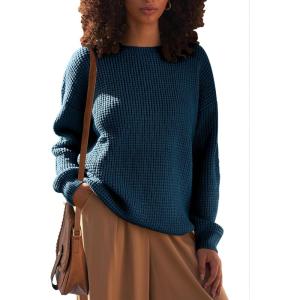 MEROKEETY Women’s 2025 Long Sleeve Waffle Knit Pullover Sweater Crew Neck Solid Color Jumper Tops(Teal)