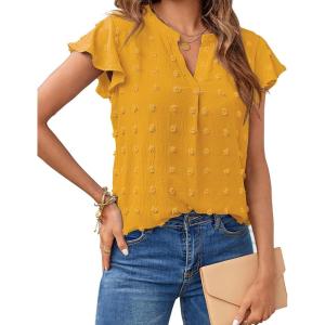 MEROKEETY Women’s 2026 Spring V Neck Ruffle Short Sleeve Blouse Summer Swiss Dot Dressy Casual Flowy Shirt Tunic Top(Ginger)