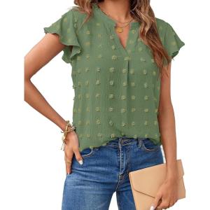 MEROKEETY Women’s 2026 Spring V Neck Ruffle Short Sleeve Blouse Summer Swiss Dot Dressy Casual Flowy Shirt Tunic Top(Green)