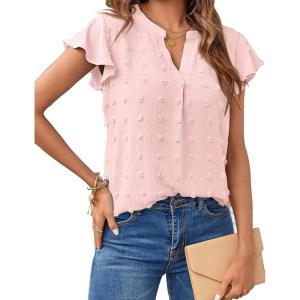MEROKEETY Women’s 2026 Spring V Neck Ruffle Short Sleeve Blouse Summer Swiss Dot Dressy Casual Flowy Shirt Tunic Top(Light Pink)