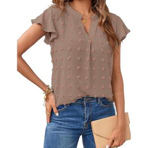 MEROKEETY Women’s 2026 Spring V Neck Ruffle Short Sleeve Blouse Summer Swiss Dot Dressy Casual Flowy Shirt Tunic Top(Mocha)