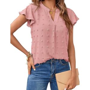 MEROKEETY Women’s 2026 Spring V Neck Ruffle Short Sleeve Blouse Summer Swiss Dot Dressy Casual Flowy Shirt Tunic Top(Pink)