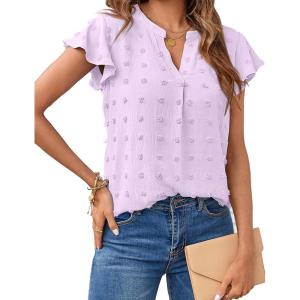 MEROKEETY Women’s 2026 Spring V Neck Ruffle Short Sleeve Blouse Summer Swiss Dot Dressy Casual Flowy Shirt Tunic Top(Purple)