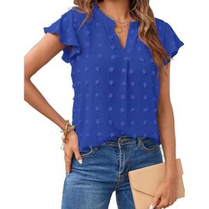 MEROKEETY Women’s 2026 Spring V Neck Ruffle Short Sleeve Blouse Summer Swiss Dot Dressy Casual Flowy Shirt Tunic Top(Royal)