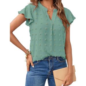 MEROKEETY Women’s 2026 Spring V Neck Ruffle Short Sleeve Blouse Summer Swiss Dot Dressy Casual Flowy Shirt Tunic Top(Sage)