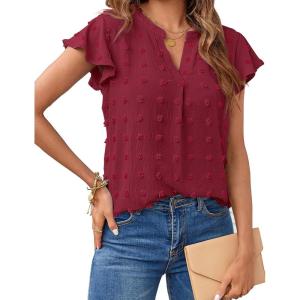 MEROKEETY Women’s 2026 Spring V Neck Ruffle Short Sleeve Blouse Summer Swiss Dot Dressy Casual Flowy Shirt Tunic Top(Wine Red)