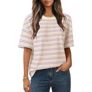 MEROKEETY Women’s 2026 Summer Short Sleeve Tops Casual Colourful Striped Crewneck Loose Work T Shirts Blouses(Beige)