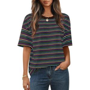 MEROKEETY Women’s 2026 Summer Short Sleeve Tops Casual Colourful Striped Crewneck Loose Work T Shirts Blouses(Black)