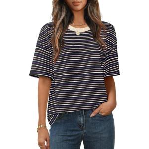 MEROKEETY Women’s 2026 Summer Short Sleeve Tops Casual Colourful Striped Crewneck Loose Work T Shirts Blouses(Black Purple)