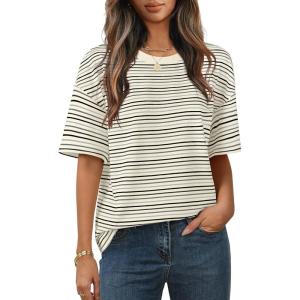 MEROKEETY Women’s 2026 Summer Short Sleeve Tops Casual Colourful Striped Crewneck Loose Work T Shirts Blouses(Grey)