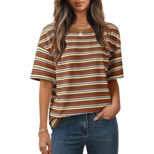 MEROKEETY Women’s 2026 Summer Short Sleeve Tops Casual Colourful Striped Crewneck Loose Work T Shirts Blouses(Rust)