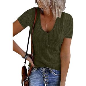MEROKEETY Women’s 2026 Summer Short Sleeve Tops Casual V Neck T Shirts Ribbed Knit Henley Button Basic Blouse(Armygreen)