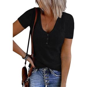 MEROKEETY Women’s 2026 Summer Short Sleeve Tops Casual V Neck T Shirts Ribbed Knit Henley Button Basic Blouse(Black)