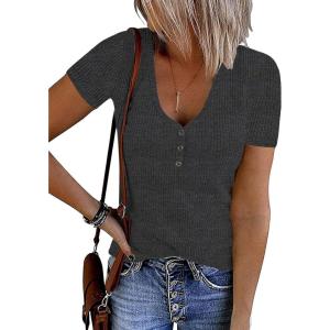 MEROKEETY Women’s 2026 Summer Short Sleeve Tops Casual V Neck T Shirts Ribbed Knit Henley Button Basic Blouse(Darkgrey)
