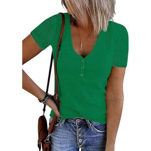 MEROKEETY Women’s 2026 Summer Short Sleeve Tops Casual V Neck T Shirts Ribbed Knit Henley Button Basic Blouse(Forest Green)