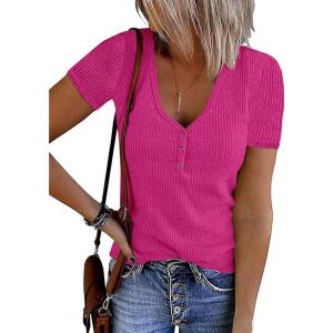 MEROKEETY Women’s 2026 Summer Short Sleeve Tops Casual V Neck T Shirts Ribbed Knit Henley Button Basic Blouse(Hot Pink)